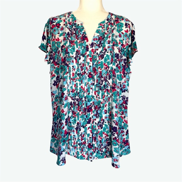 attention Tops - Attention Multi-Color Floral Pintuck Front Flutter Sleeve Blouse ~ Women’s XXL